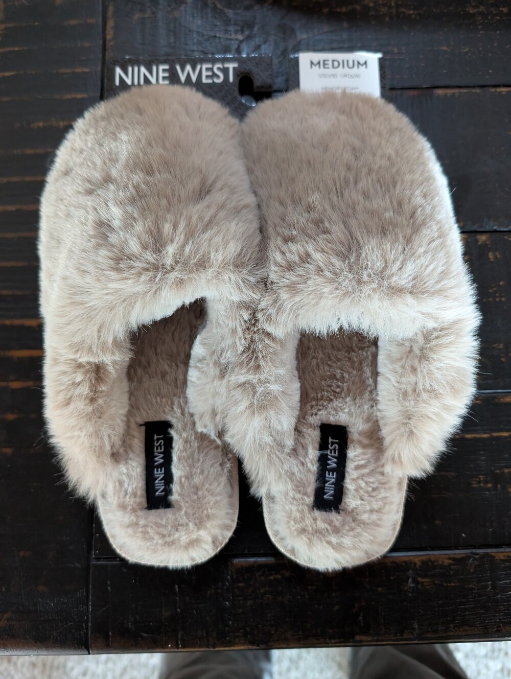 Nine West Plush Fur Slide Slippers in Taupe